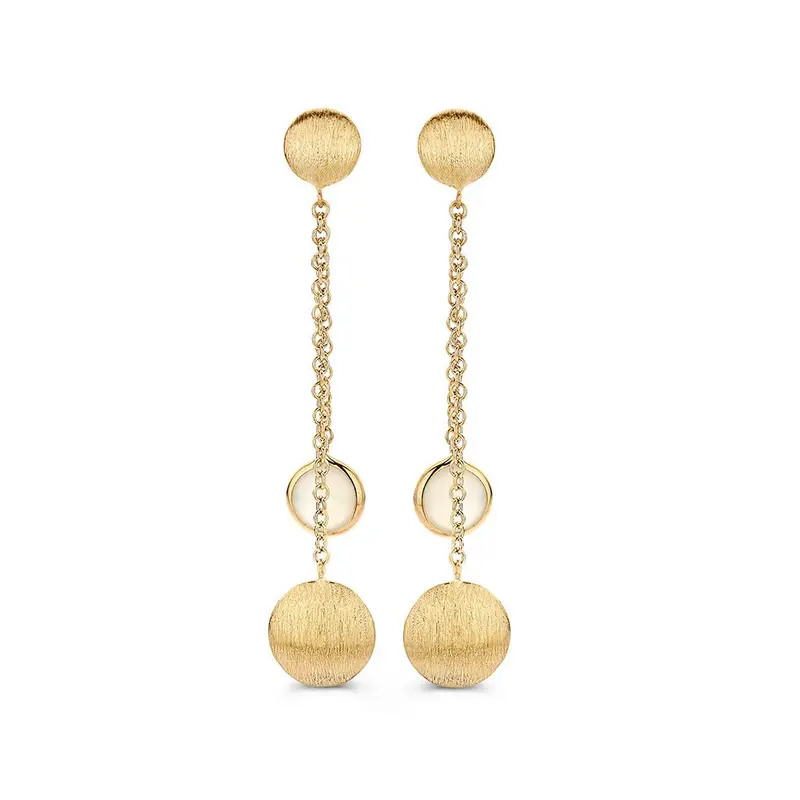 Geelgouden Oorstekers met Maansteen en Matgouden Hangers – Speelse, Elegante Oorbellen