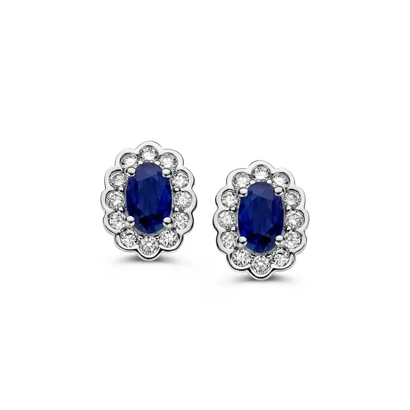 Geelgouden Oorstekers met Ovale Saffier en Diamant 0,60ct in Entourage Zetting