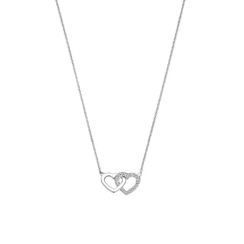 Gerhodineerd 925 zilveren collier met twee hartjes en zirkonia