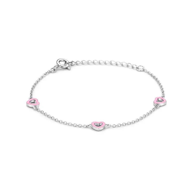 Gerhodineerd zilveren kinderarmband met roze hartjes