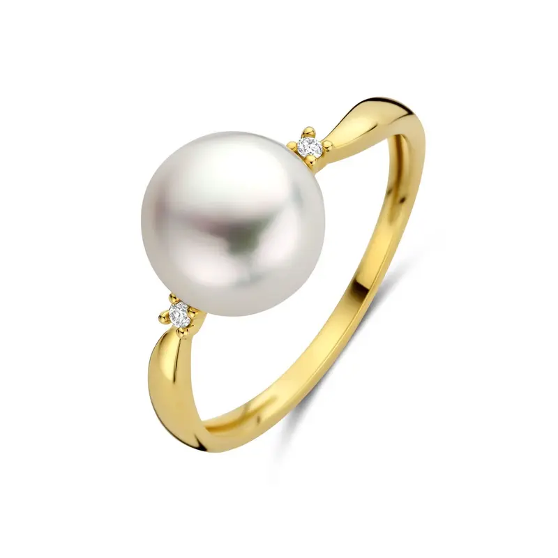 Gouden dames ring met diamant en parel – 14k geelgoud