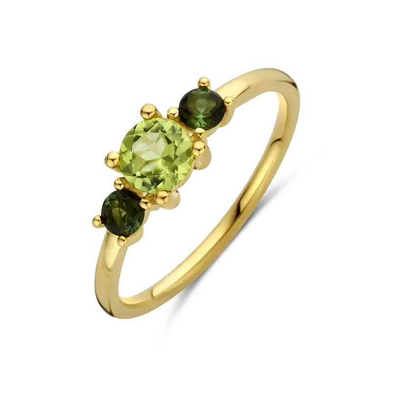 Gouden dames ring met peridoot en toermalijn – 14k geelgoud