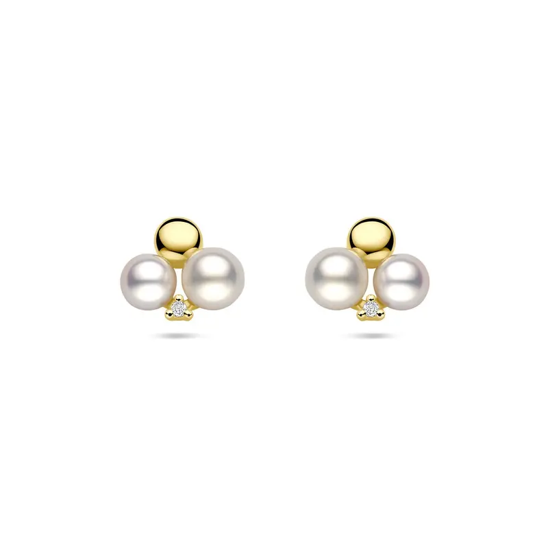Gouden oorbellen met parel en diamant – 14k dames oorknopjes 0.02ct (2x 0.01ct) h si 9 mm