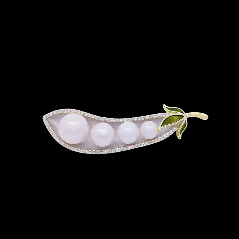 Goudkleurige Boontje Broche met Imitatieparels, Zirkonia en Emaille