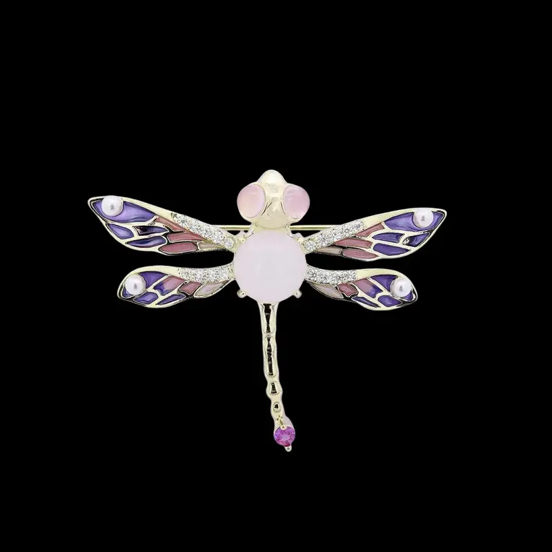 Goudkleurige Libelle Broche en Hanger met Emaille, Parels en Zirkonia Stenen