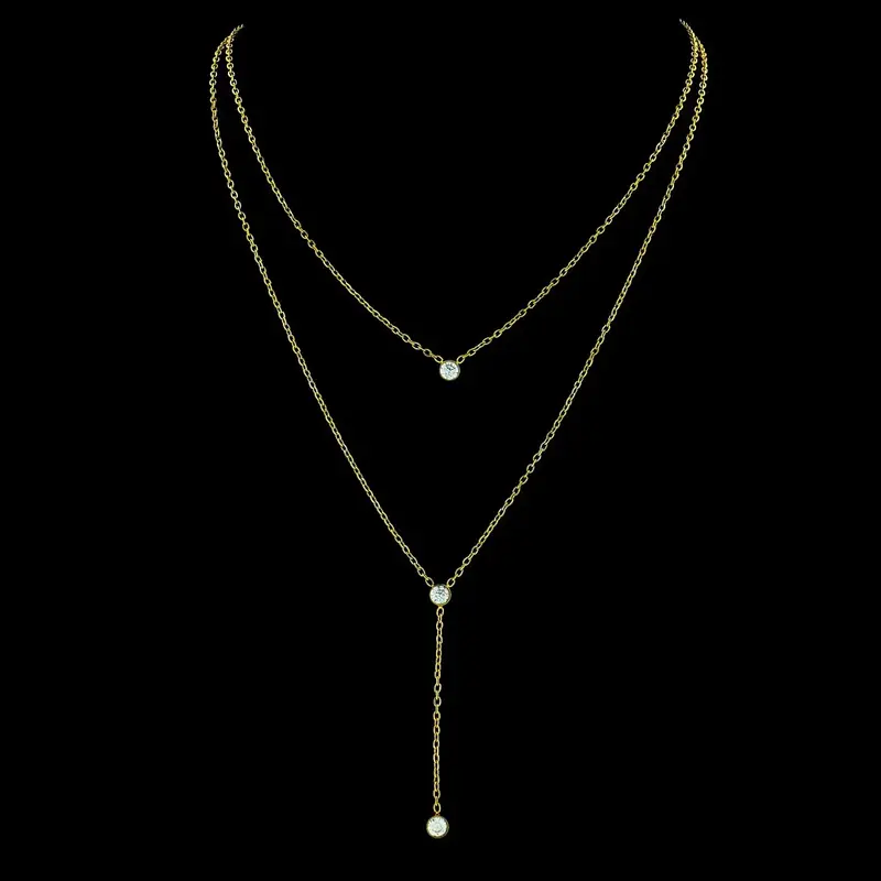 Goudkleurige RVS Dubbele Collier met Zirkonia Stenen