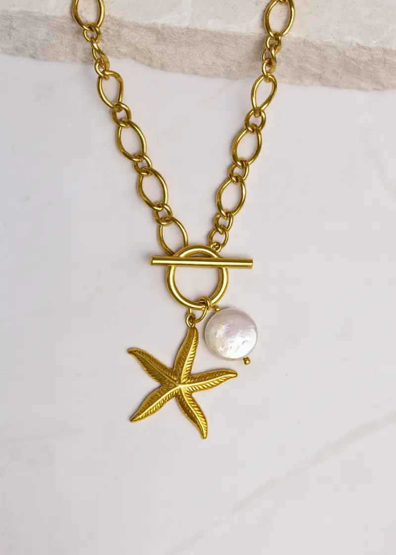 Goudkleurige Twisted Ketting met Zeester en Zoetwaterparel