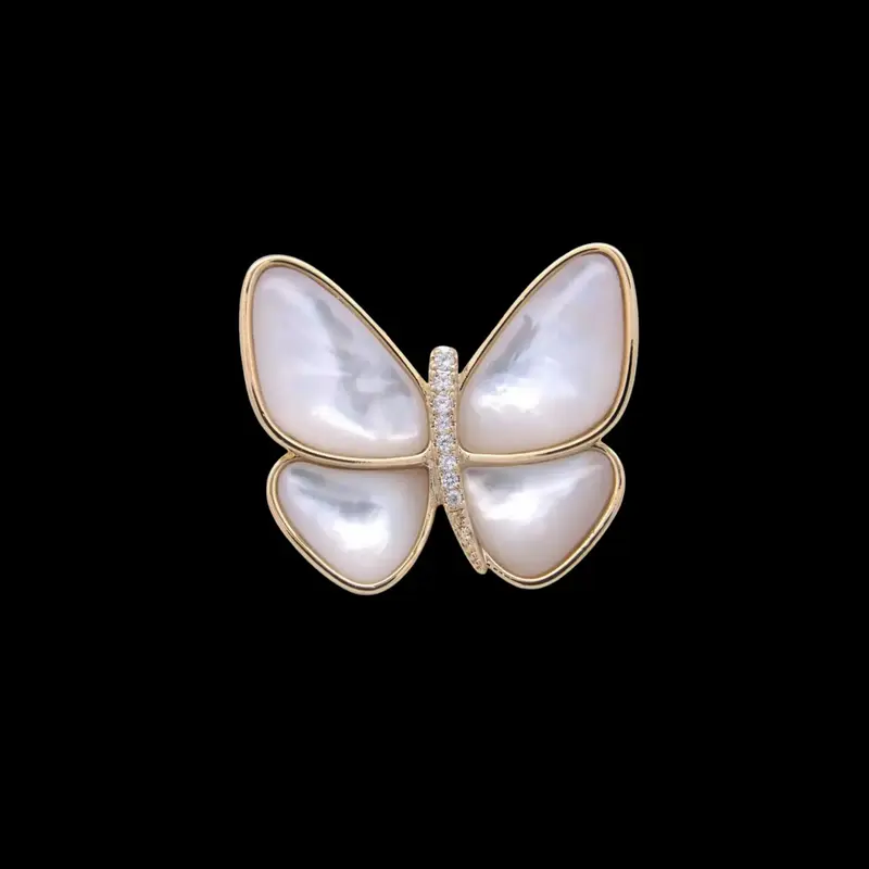 Goudkleurige Vlinder Broche met Parelmoer en Zirkonia Stenen