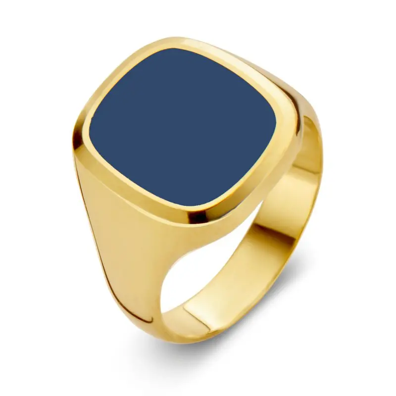 Handgemaakte 14 Karaat Gele Gouden Zegelring voor Heren met Blauw Lagensteen
