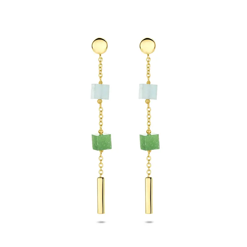 Hangende oorbellen blauw en groen kwartsiet 46 mm 14K geelgoud
