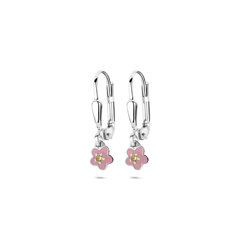 Hangende oorbellen emaille bloem brisure haak zirkonia 19 mm zilver