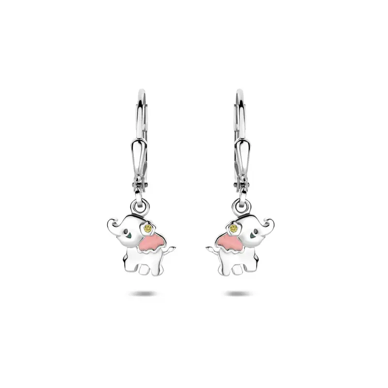 Hangende oorbellen emaille olifant zirkonia brisure haak 23 mm zilver