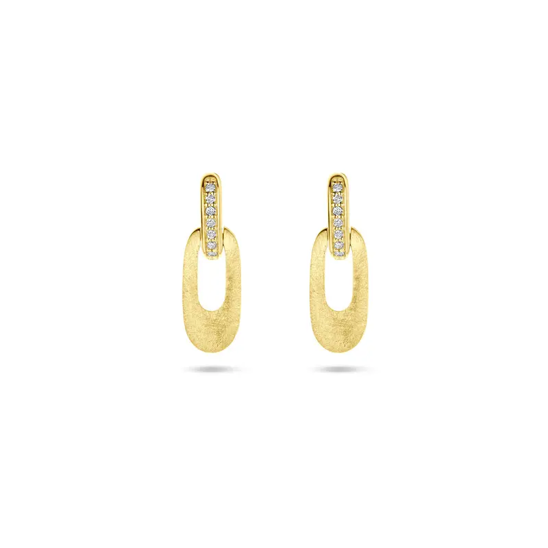 Hangende oorbellen poli/mat diamant 0.04ct (2x 0.02ct) h si 16 mm 14K geelgoud