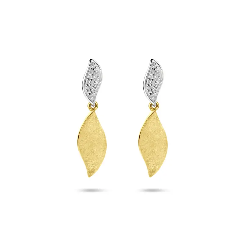 Hangende oorbellen poli/mat diamant 0.06ct (2x 0.03ct) h si 24 mm 14K bicolor goud
