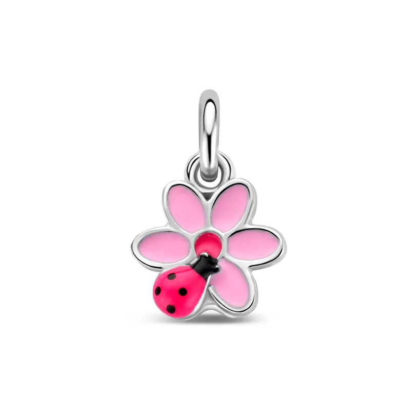 Hanger bloem en lieveheersbeestje zilver gerhodineerd 9,5 mm