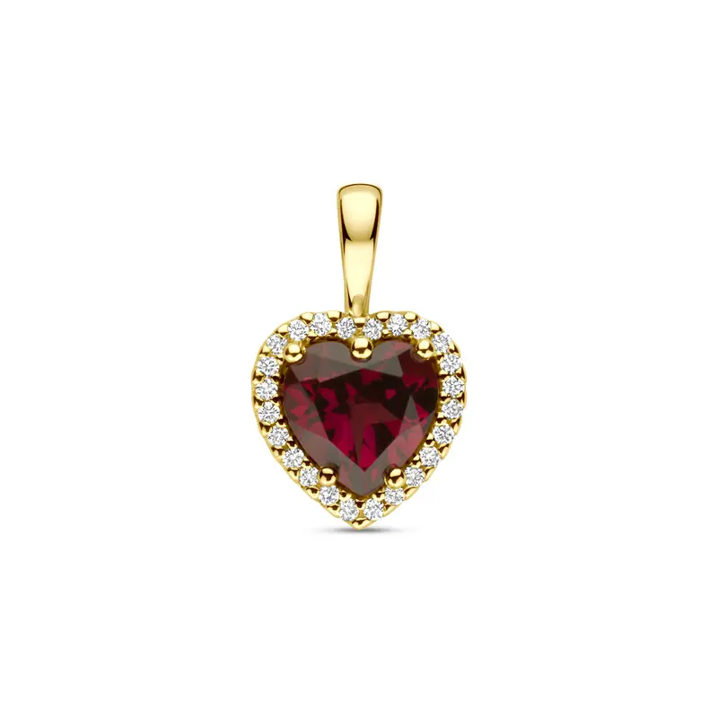 Hanger hartje roze rhodoliet en diamant 0.06ct h si 13 mm 14K geelgoud