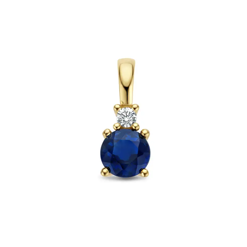 hanger saffier en diamant 0.02ct h p1 14K geelgoud