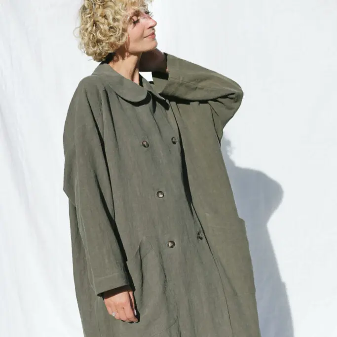 Heavy Linen Oversized Coat - Olive Green