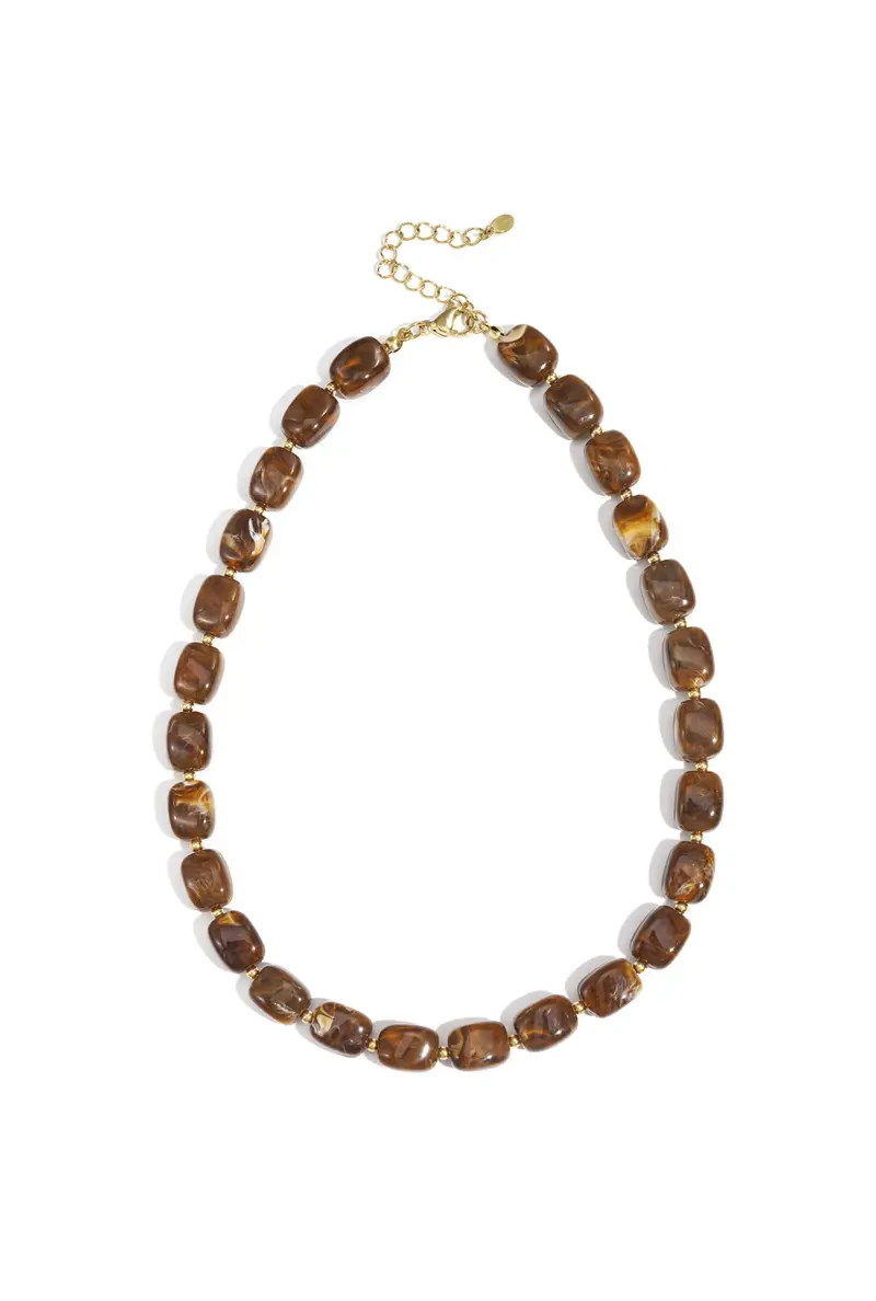 Ketting met gemêleerde bruine kralen goud