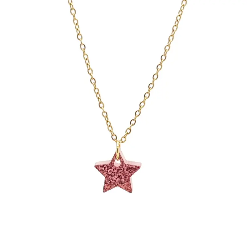 Kinderketting RVS goudkleur - Ster roze glitter
