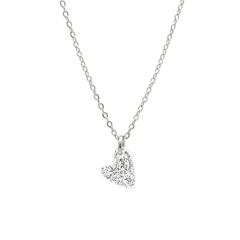Kinderketting RVS zilverkleur - Hartje zilver met glitter