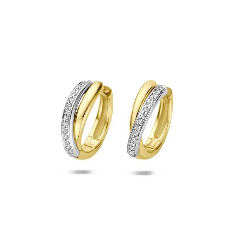 Klapoorringen diamant 0.09ct (2x 0.045ct) h si 14K bicolor goud 14 mm