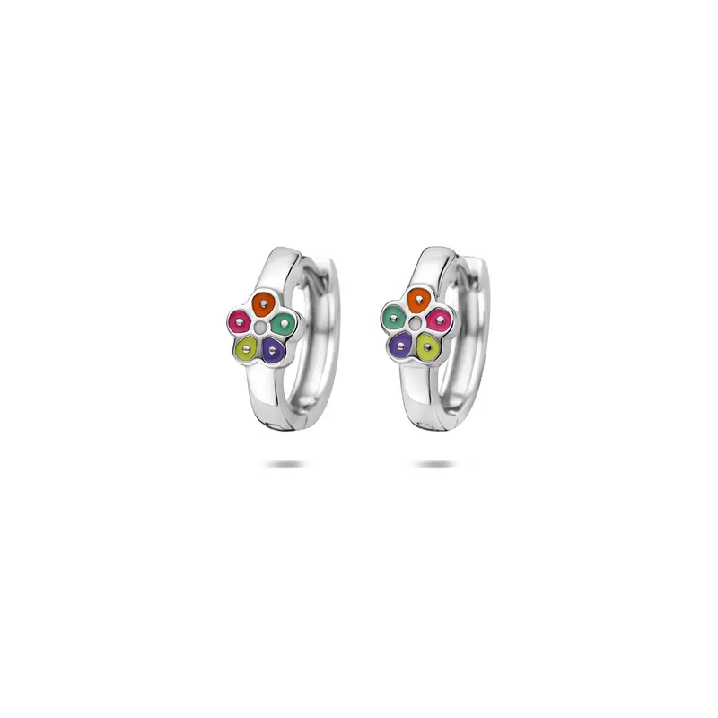 Klapoorringen emaille bloem zilver gerhodineerd 11,5 mm