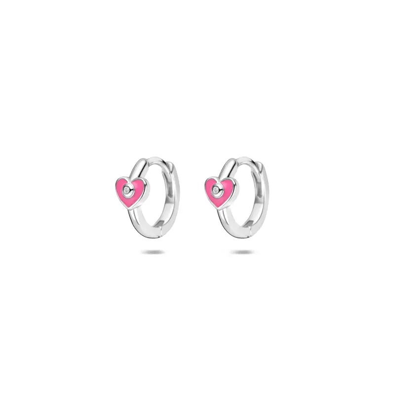 Klapoorringen hartje roze emaille en zirkonia zilver gerhodineerd 9,5 mm