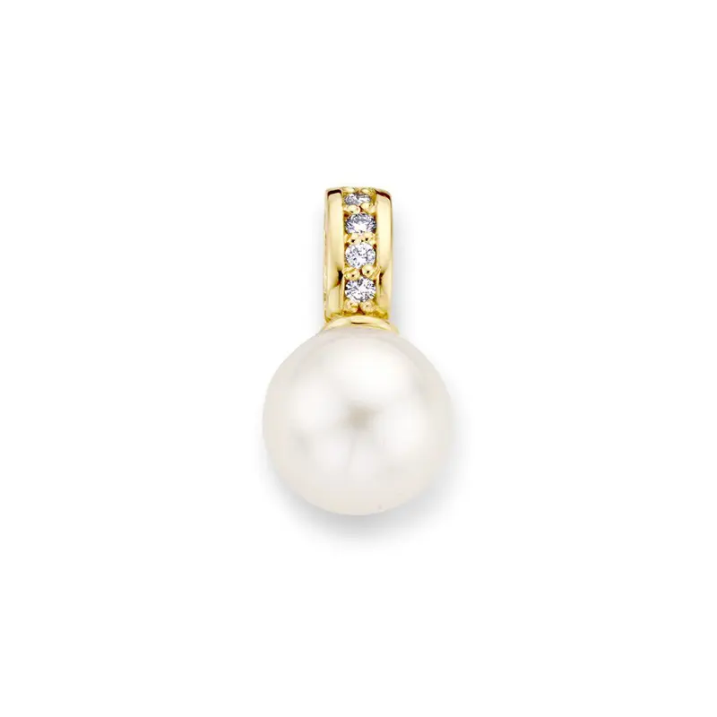 Klassieke Geelgouden Hanger met Zoetwaterparel en Diamant