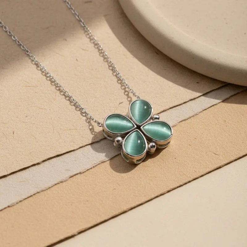 Klaver Ketting met Groene Steen | 925 Zilver