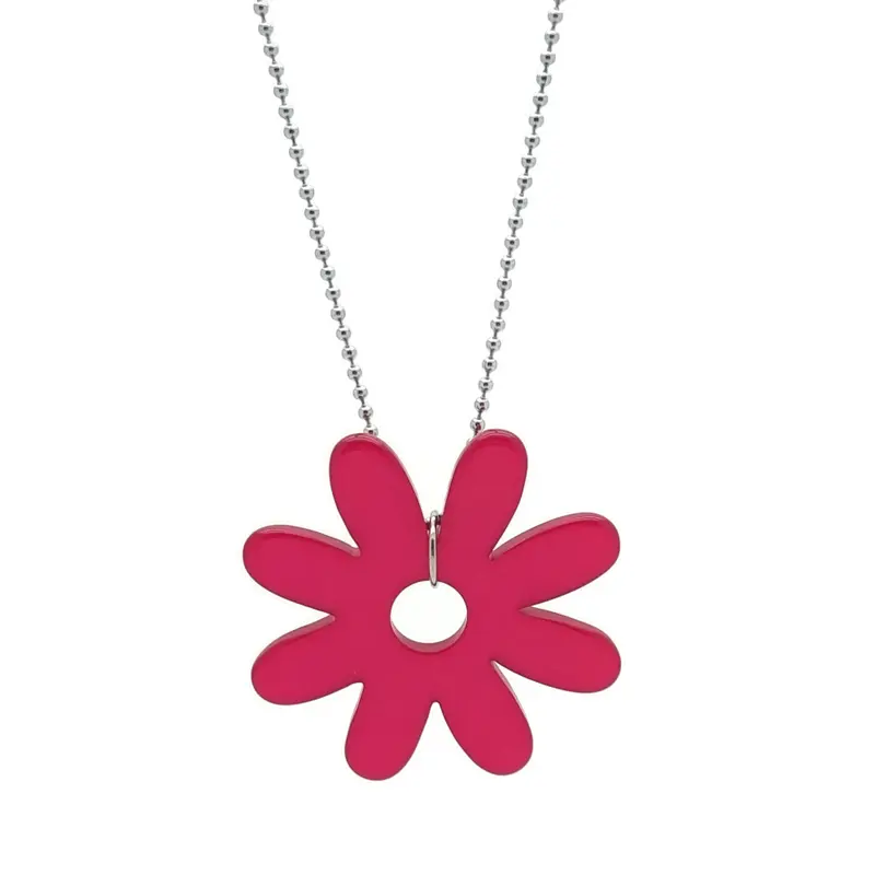 Lange RVS ketting - Bloem fuchsia