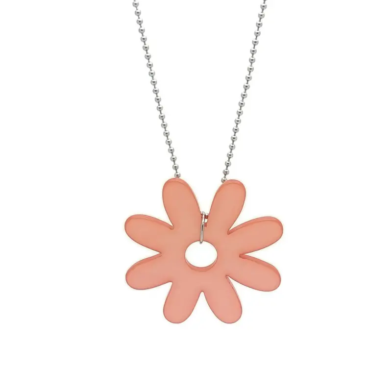 Lange RVS ketting - Bloem perzik roze