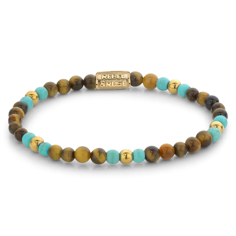 Mix Tiger Turquoise - 18 ct yellow gold ionplated - 4mm - Kralen Armband Dames