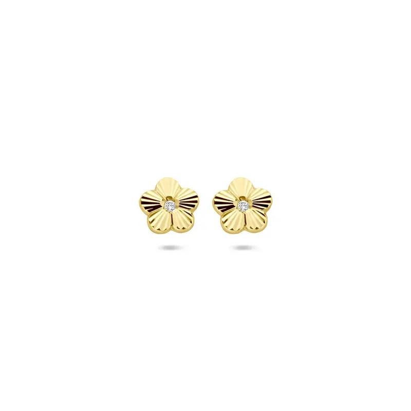 Oorbellen bloem zirkonia gediamanteerd 6 mm 14K geelgoud
