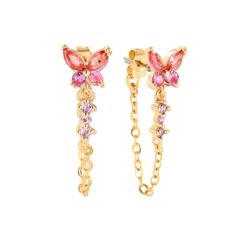 Oorbellen butterfly chain roze