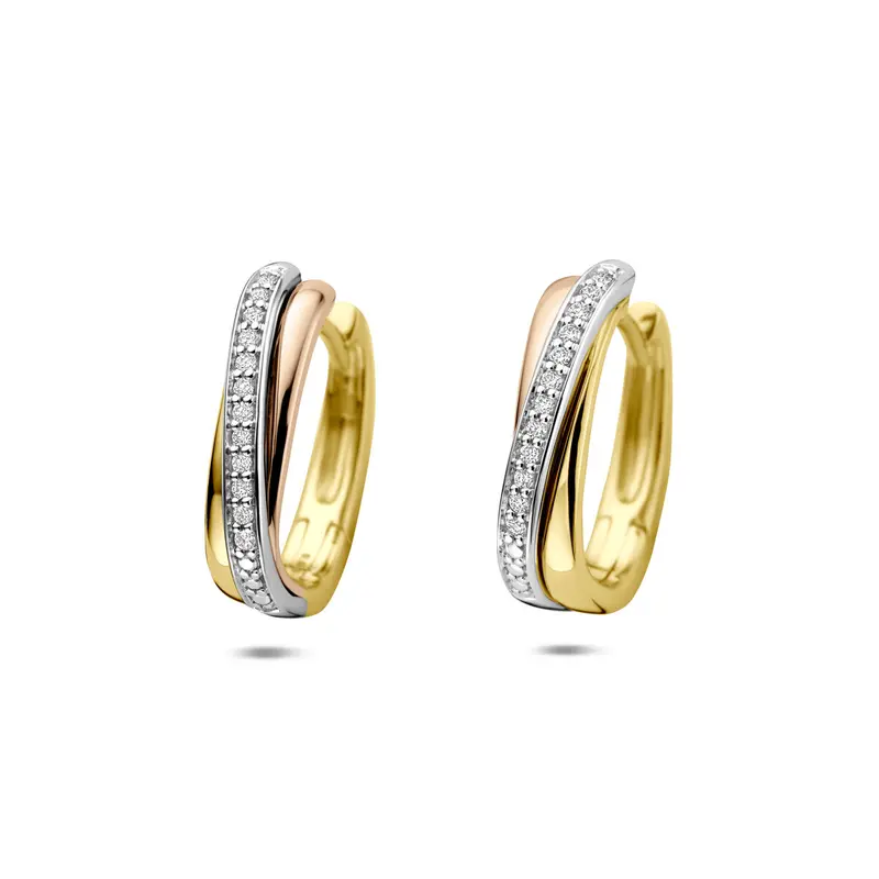 Oorbellen diamant 0.09ct (2x 0.045ct) h si 15,5 mm 14K tricolor goud