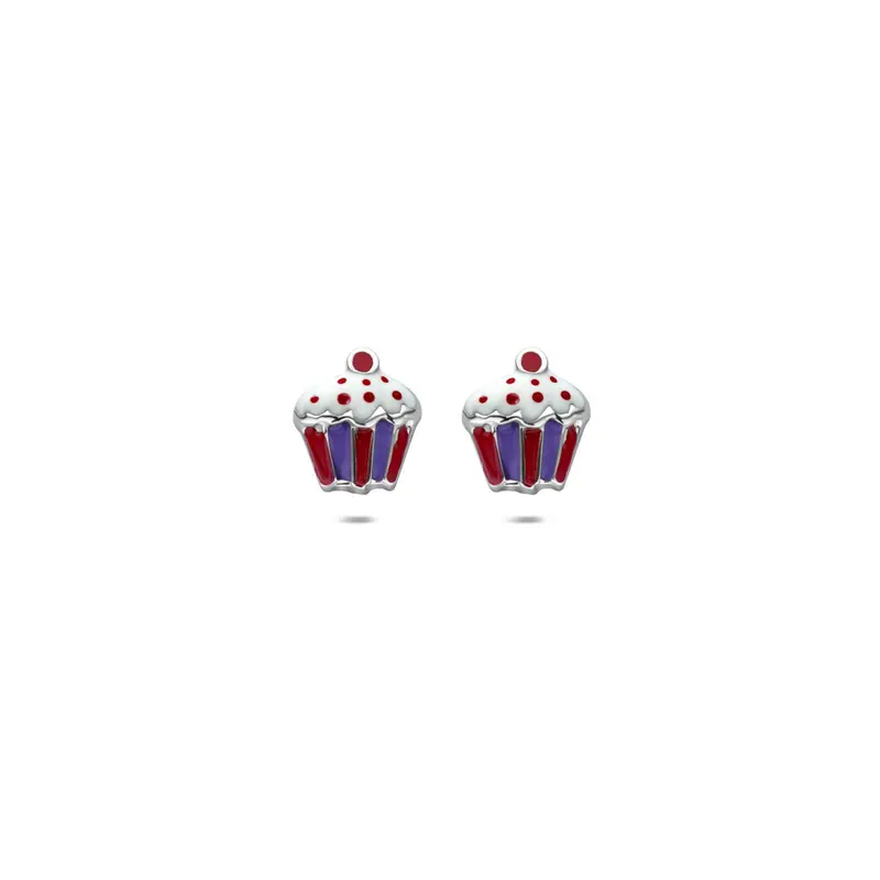 Oorbellen emaille cupcake 7,5 mm zilver
