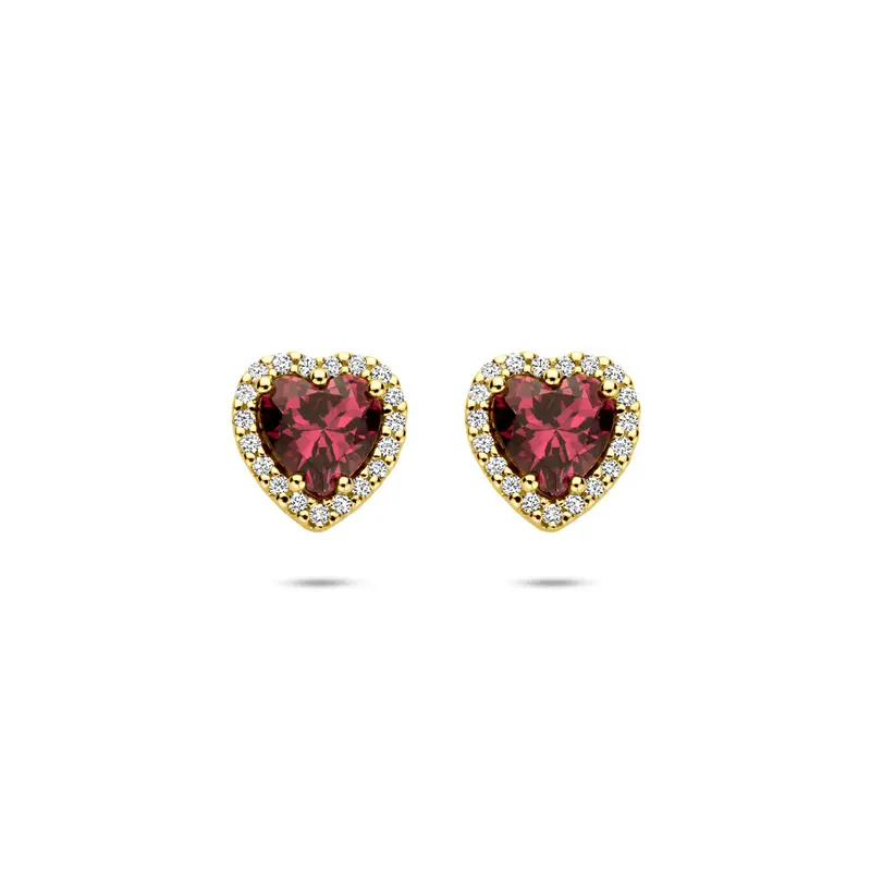 Oorbellen hartje roze rhodoliet en diamant 0.10ct (2x 0.05ct) h si 7,5 mm 14K geelgoud
