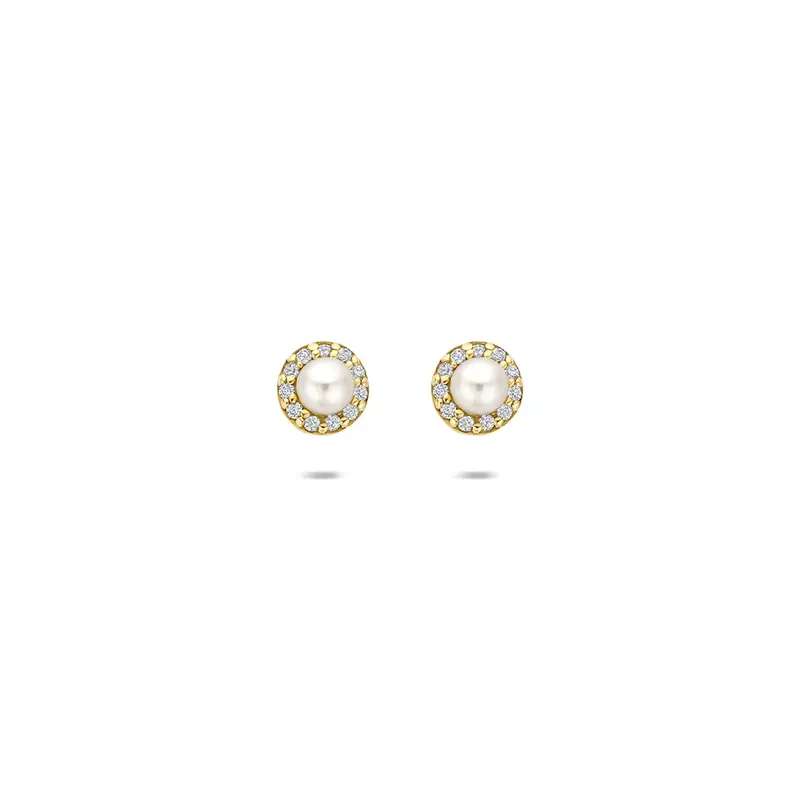 Oorbellen parel en zirkonia 5 mm 14K geelgoud