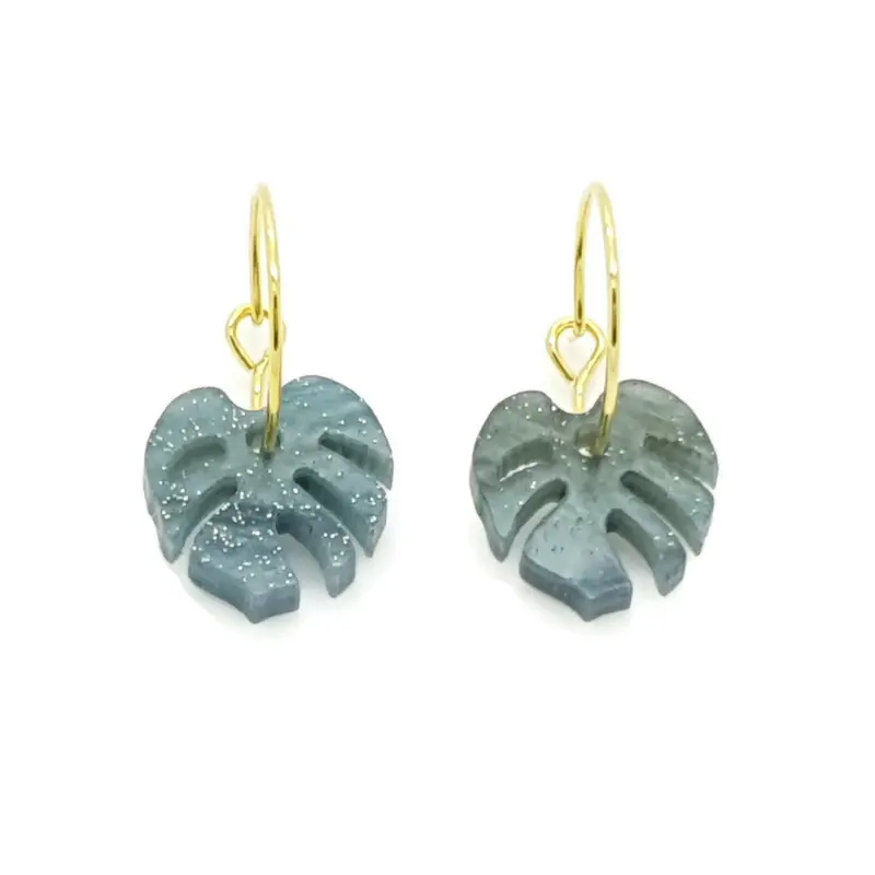 Oorbellen RVS - Blad blauw grijs goud