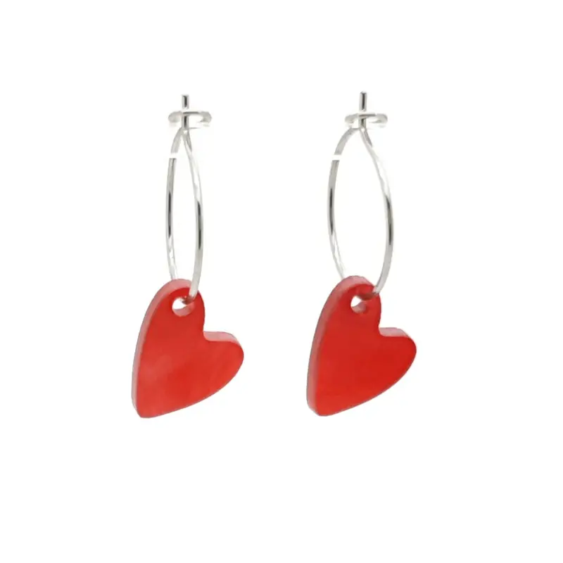 Oorbellen RVS - Hart rood zilver