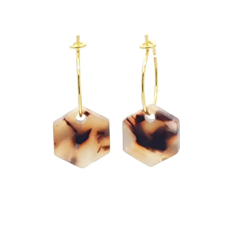 Oorbellen RVS - Hexagon beige bruin goud