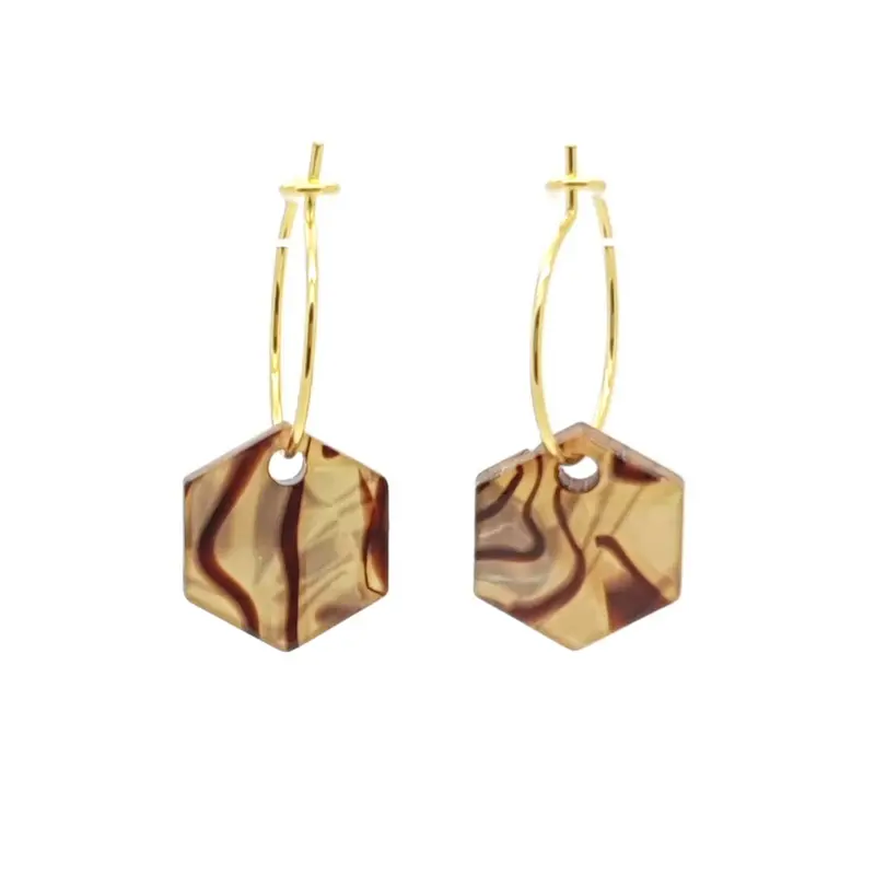 Oorbellen RVS - Hexagon beige parel goud