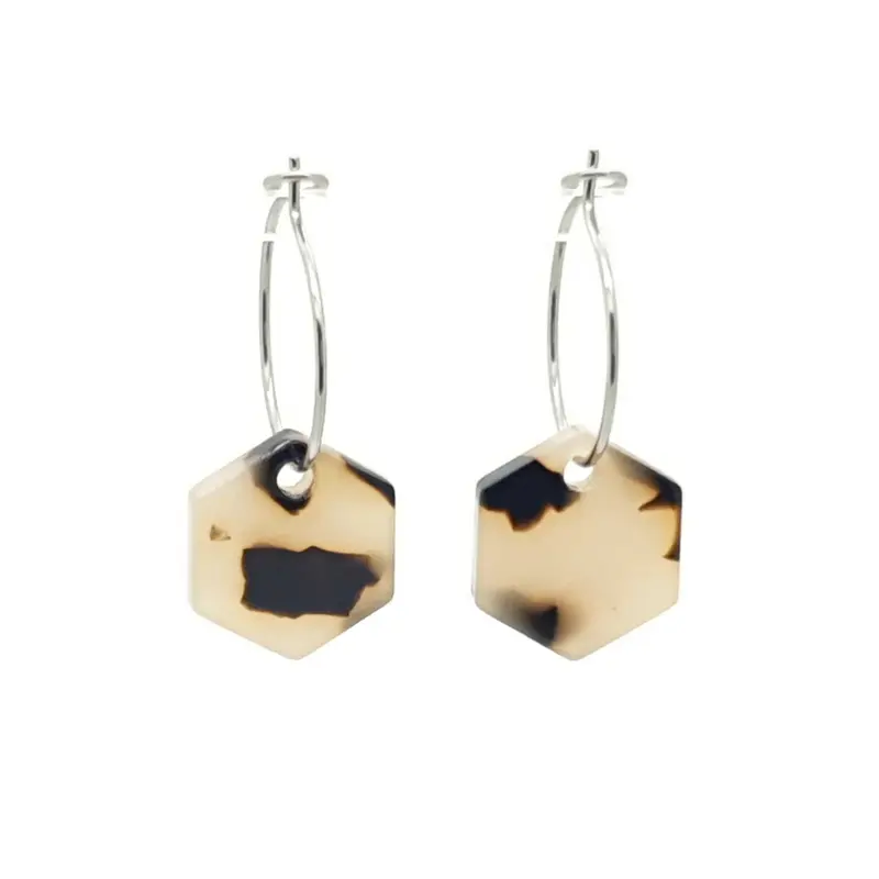 Oorbellen RVS - Hexagon creme zwart zilver