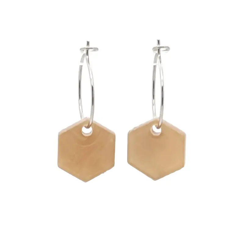Oorbellen RVS - Hexagon griesmeel beige zilver