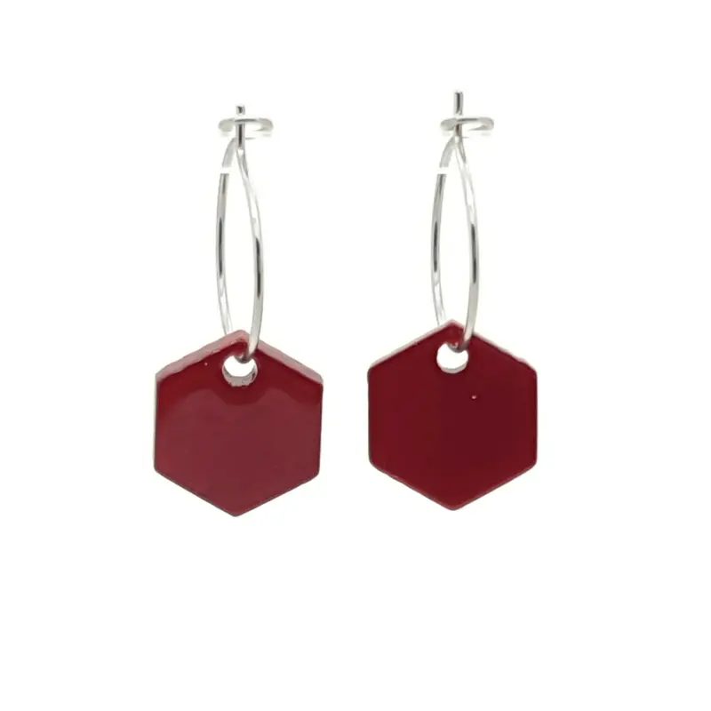 Oorbellen RVS - Hexagon kersen rood zilver