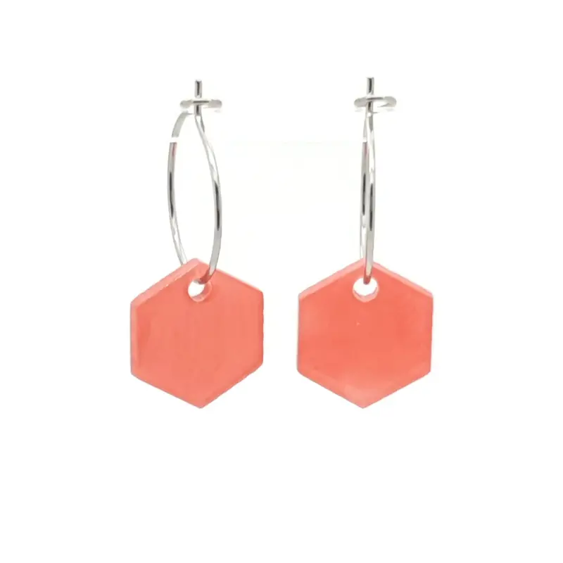 Oorbellen RVS - Hexagon koraal roze zilver