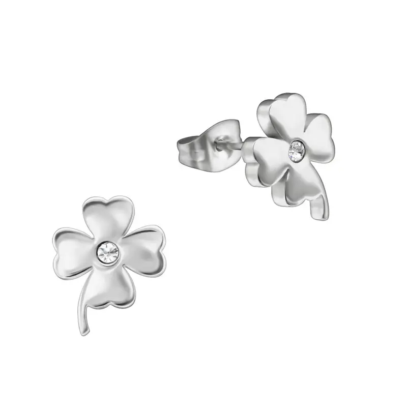 Oorbellen RVS - Klavertje zilver met steentje