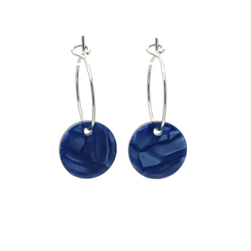 Oorbellen RVS - Rond donkerblauw zilver