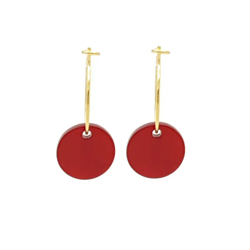 Oorbellen RVS - Rond kersenrood zilver